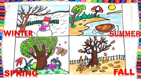 How To Draw Four Seasons Drawing Summer Winter Seasons Drawing For Kids - Seasons Drawing For Kids