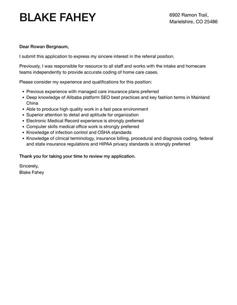 how to include referral in cover letter