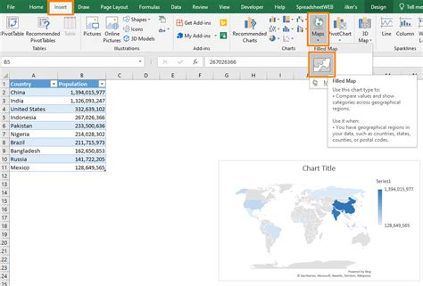 how to insert map chart in excel