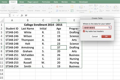 how to insert the table in excel