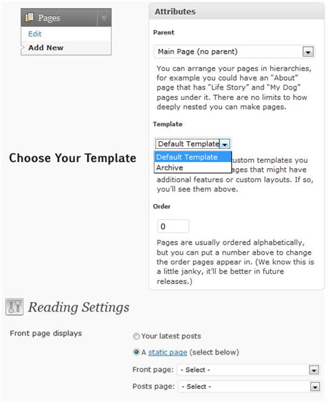 how to make a custom page for wordpress static page