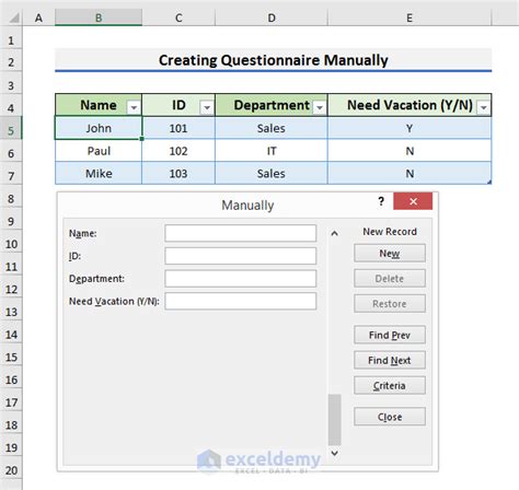 how to make a questionnaire in excel