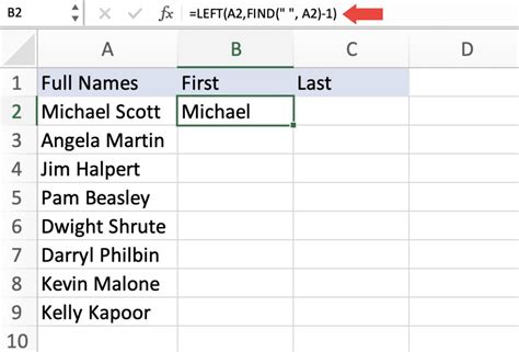how to separate names in excel formula