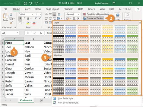 how to set table in excel