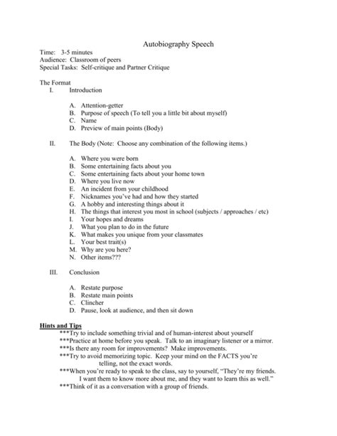 how to write an autobiography speech outline