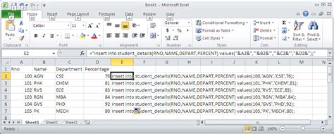 how to write insert query in excel