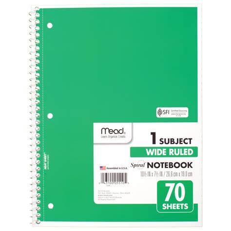 1 Subject Notebook: 140 Wide Ruled Pages - 70 Sheets