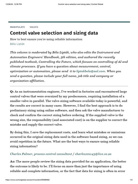 Control Valve Selection and Sizing