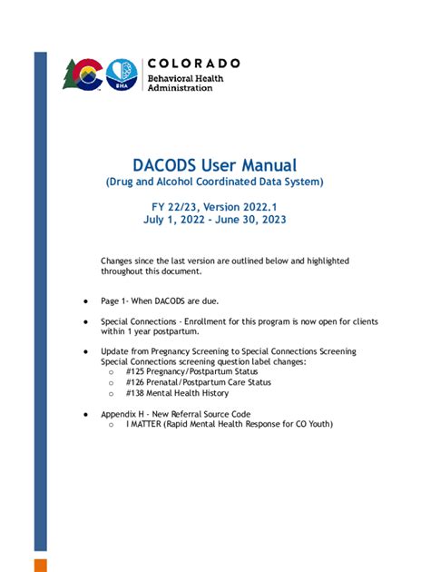 Drug/Alcohol Coordinated Data System, DACODS User Manual