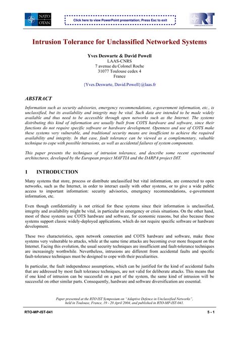 Intrusion Tolerance for Unclassified Networked Systems