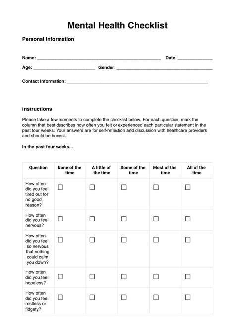 MENTAL HEALTH SELF ASSESSMENT CHECKLIST