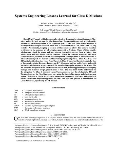 Systems Engineering Lessons Learned for Class D Missions