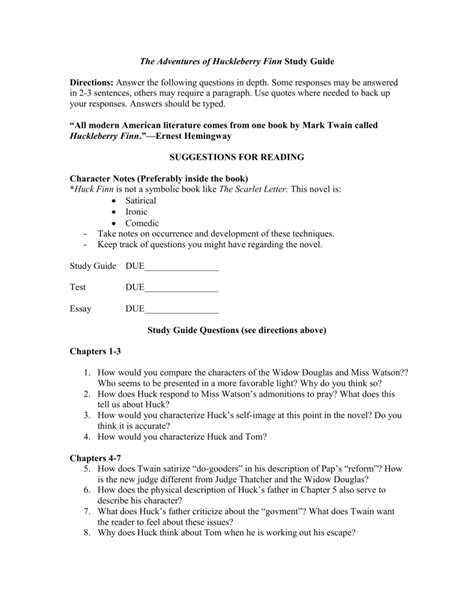 Huckleberry Finn Study Guide Questions And Answers