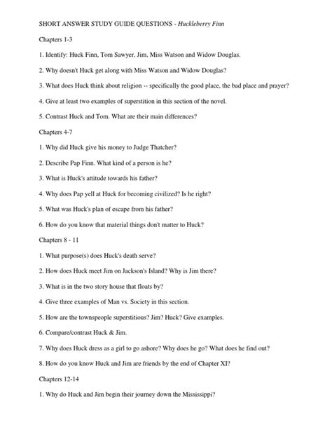 Download Huckleberry Finn Short Answer Study Guide 