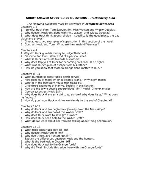Read Huckleberry Finn Study Guide Questions And Answers 