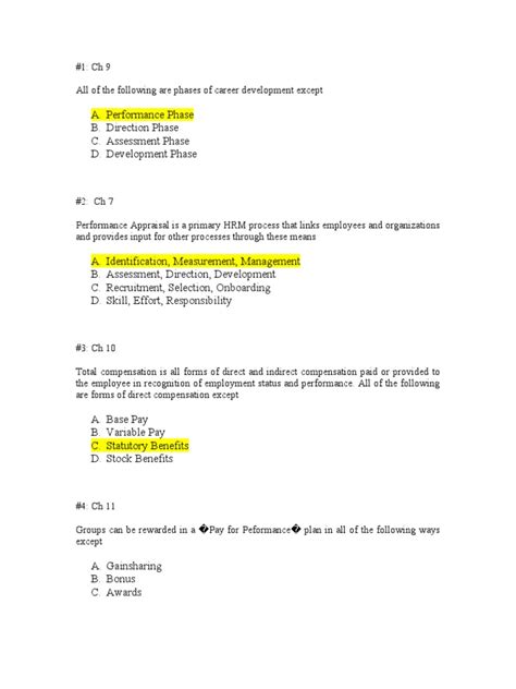 Human Resource Management Final Exam Sample Questions Answer Key
