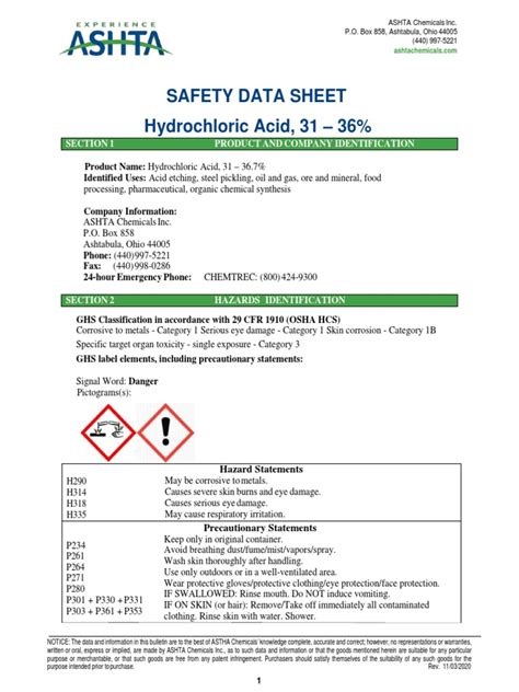 Hydrochloric Acid Safety Data Sheet