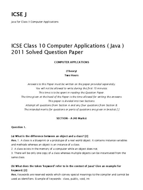 Read Icse Class 10 Computer Applications Java 2011 Solved 