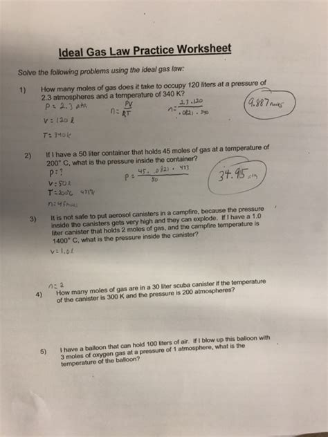 ideal gas law practice work sheet