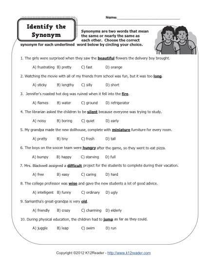 Identify The Synonym 4th Grade Worksheets Synonyms Worksheets For 4th Grade - Synonyms Worksheets For 4th Grade