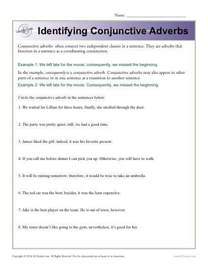 Identifying Conjunctive Adverbs Conjunction Worksheets Conjunctive Adverbs Worksheet - Conjunctive Adverbs Worksheet