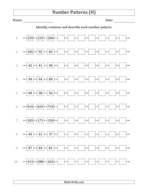 Identifying Continuing And Describing Decreasing Number Patterns Arithmetic Patterns Worksheet - Arithmetic Patterns Worksheet