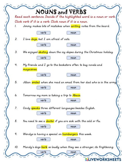 Identifying Nouns And Verbs Worksheet Liveworksheets Com Identifying Nouns And Verbs Worksheet - Identifying Nouns And Verbs Worksheet
