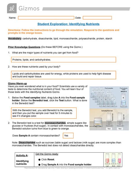 Identifying Nutrients Gizmo Answer Key