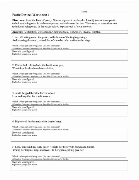 Identifying Poetic Devices Worksheet 1 Answers Poetic Devices Worksheet 5 - Poetic Devices Worksheet 5