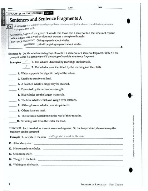 Identifying Sentence Fragments 1 Answer Key