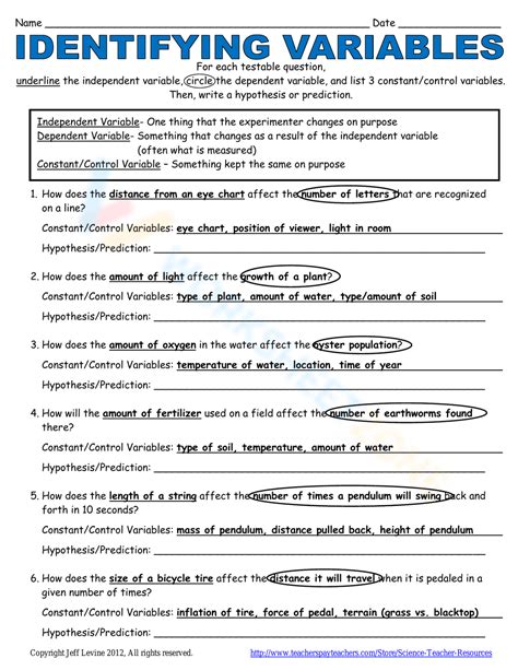 Read Identifying Variables Worksheet Answers Lesson Plans Inc 