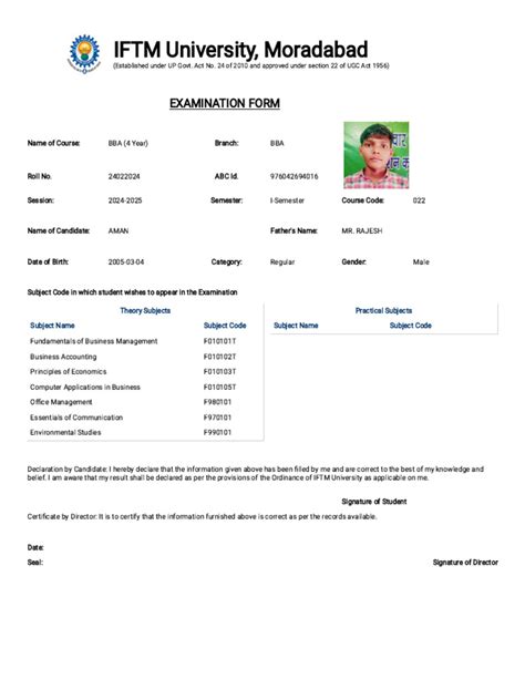 Iftm Examination Form