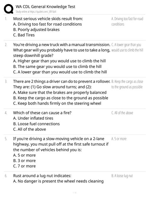 Illinois Cdl General Knowledge Test Answers