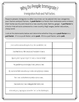 Immigration Push And Pull Factors Worksheet Tpt Immigration Worksheets 4th Grade - Immigration Worksheets 4th Grade