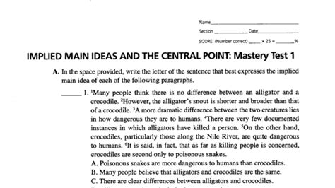 Implied Main Ideas Mastery Test Answers