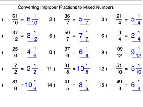 Download Improper Fractions To Mixed Numbers Worksheets With Answers 