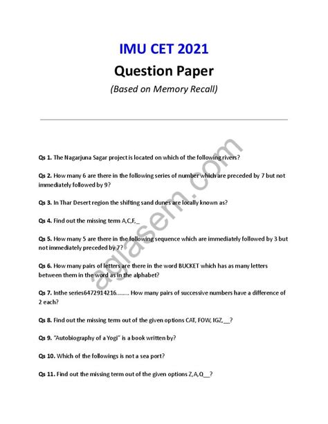 Download Imu Cet Exam Sample Papers 