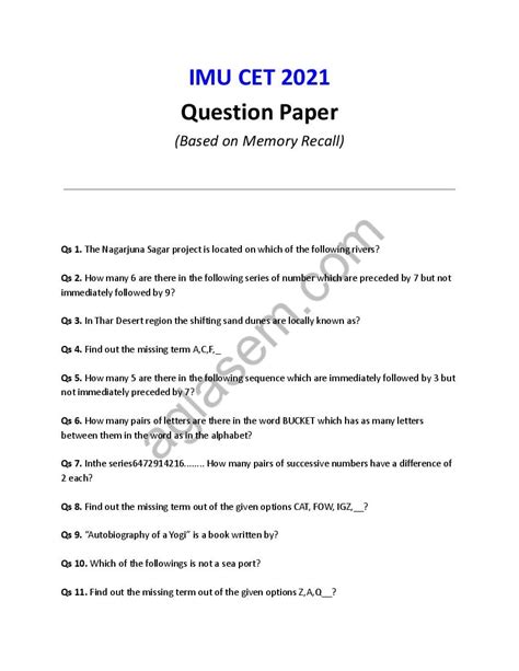 Read Online Imu Cet Question Paper With Answers Key 