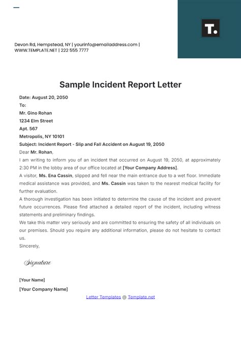 Incident Report Letter Sample