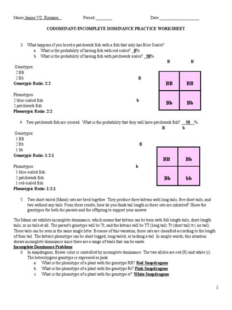 Incomplete And Codominance Practice Problems Answers