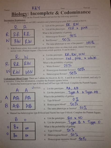 Incomplete And Codominance Worksheet Answer Key