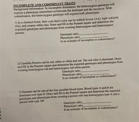 Incomplete And Codominant Traits Answer Key