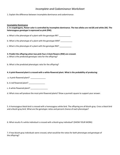 Download Incomplete Dominance And Codominance Worksheet Answer Key 