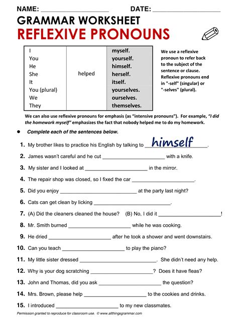 Indefinite And Reflexive Pronouns Worksheet   101 Printable Reflexive Pronouns Pdf Worksheets With Answers - Indefinite And Reflexive Pronouns Worksheet