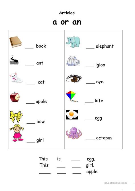 Indefinite Article A An Esl Worksheet By Junior A An Worksheet - A An Worksheet