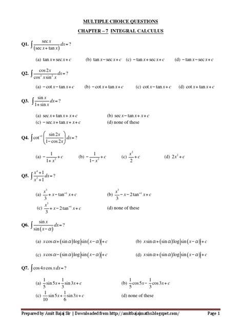Indefinite Integral Multiple Choice Questions And Answers