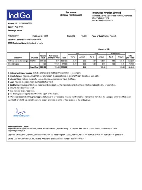 Indigo Tax Invoice