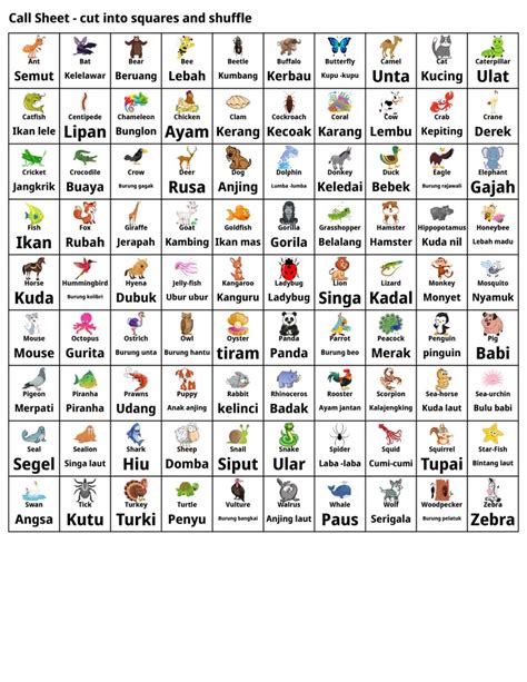 Indonesian Animal Bingo Language Learning Cards Bahasa - Badak Togel