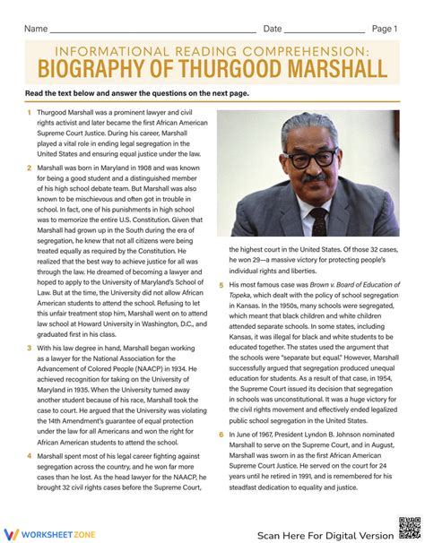 Informational Reading Comprehension Biography Of Thurgood Marshall Thurgood Marshall Worksheet - Thurgood Marshall Worksheet