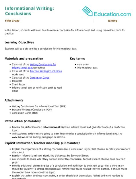 Informational Writing Conclusions Lesson Plan Education Com Informational Writing Lesson Plans 5th Grade - Informational Writing Lesson Plans 5th Grade